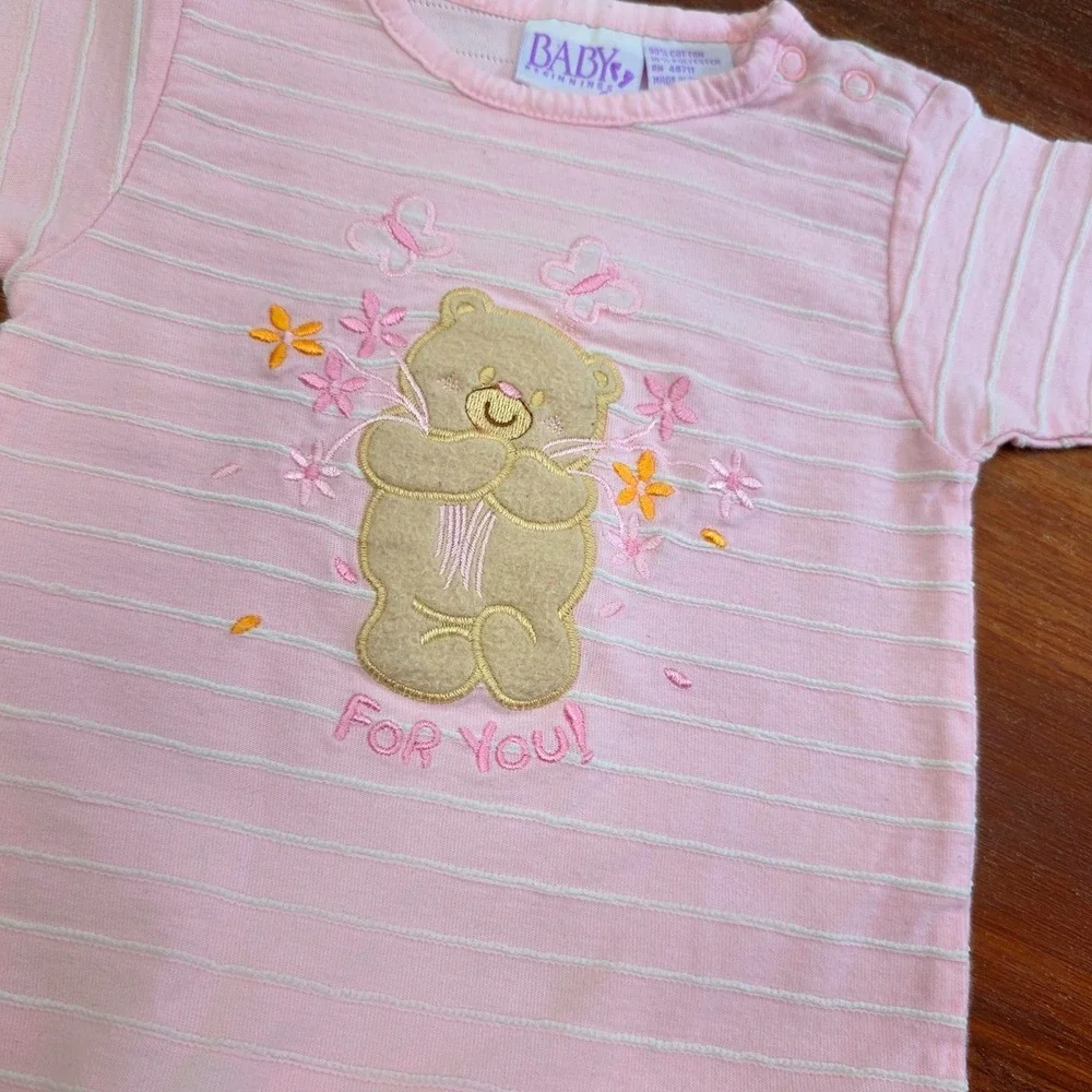 Vintage Baby Beginnings Pink‎ Striped Teddy Bear Footed Sleeper Preemie  Y2K